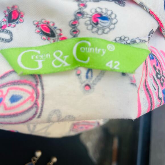 Green & Country Mini Shirt Dress Women's Size 42 White Printed Pintuck Button Up - Picture 9 of 11